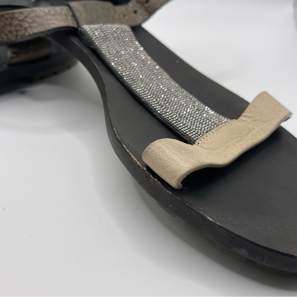 Brunello Cucinelli | Grey & Cream Leather Monili T-Strap Sandals |  EU 37 - Picture 12 of 16